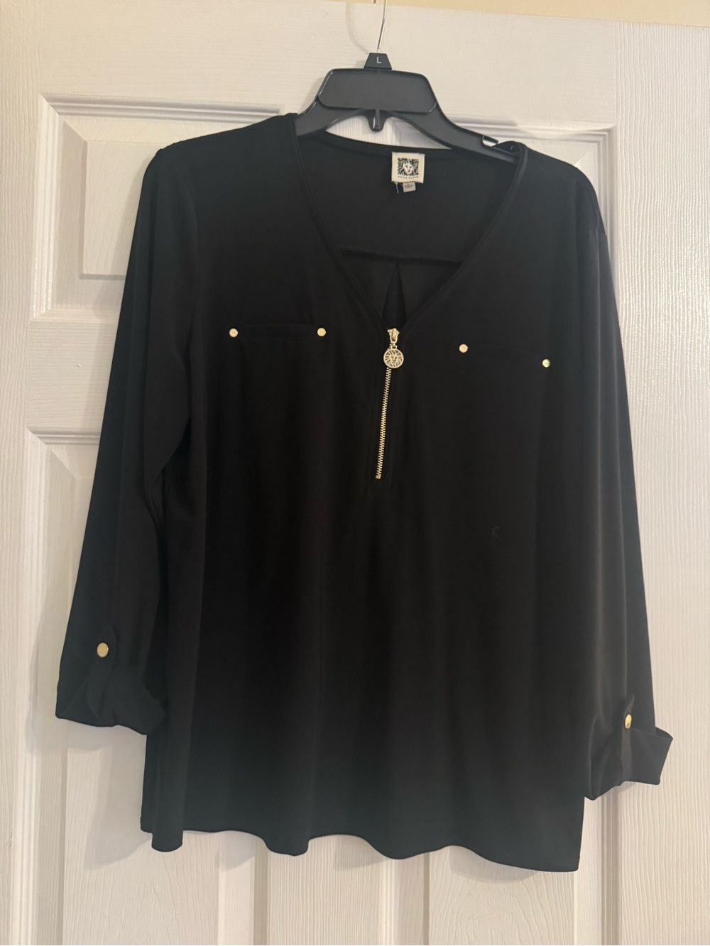 Anne Klein Black V-Neck Blouse with Gold Zip Detail